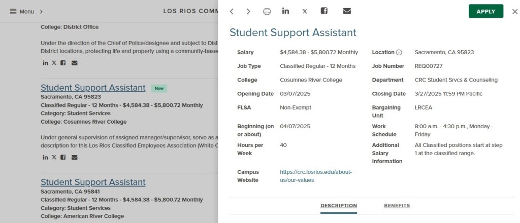 A screenshot showing the Apply button for a job and a job description.