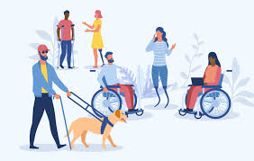 In an outdoor setting, various people are shown with different disabilities. 