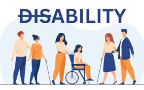A group of people with different disabilities are underneath the word disability with the letters d, i, and s crossed out. 
