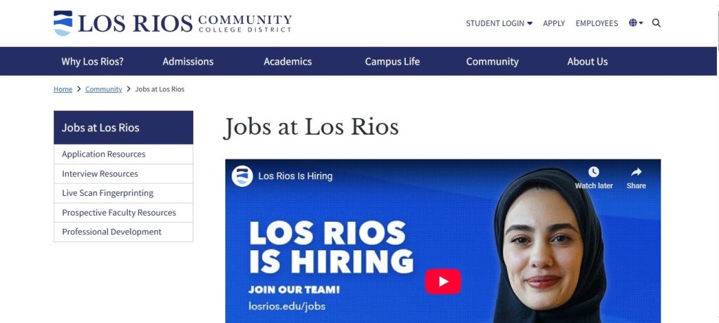 A screenshot of the home page of the webiste Jobs at Los Rios