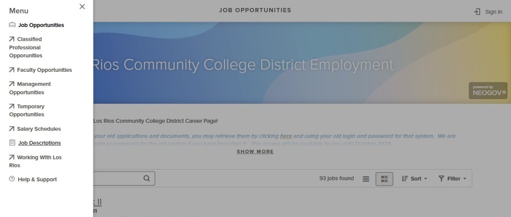 A screenshot of the Menu section of a job site.